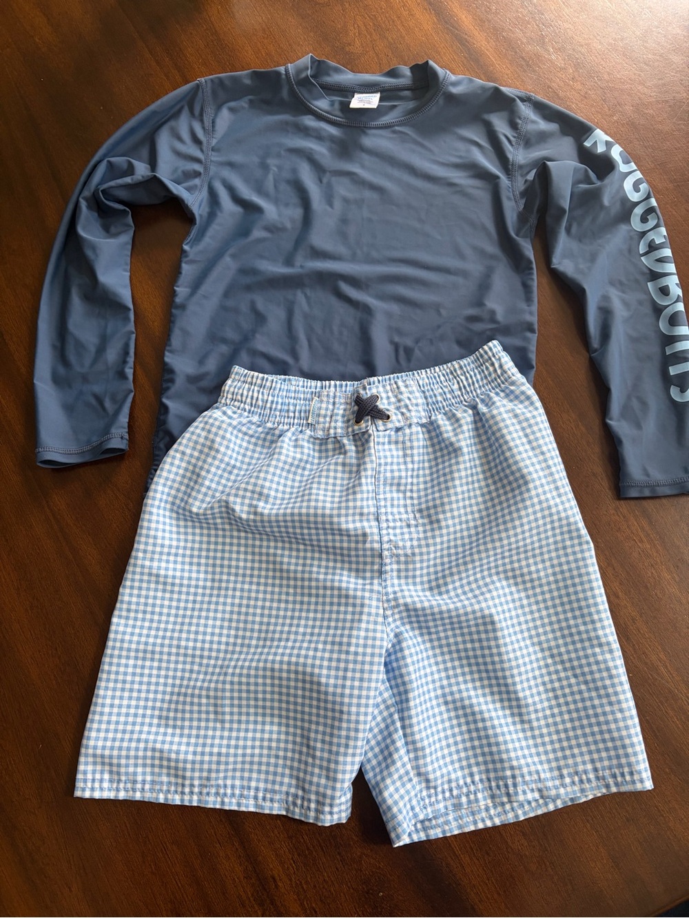 Kids Long-Sleeve Navy Rashguard with Light Blue Gingham Swim Shorts